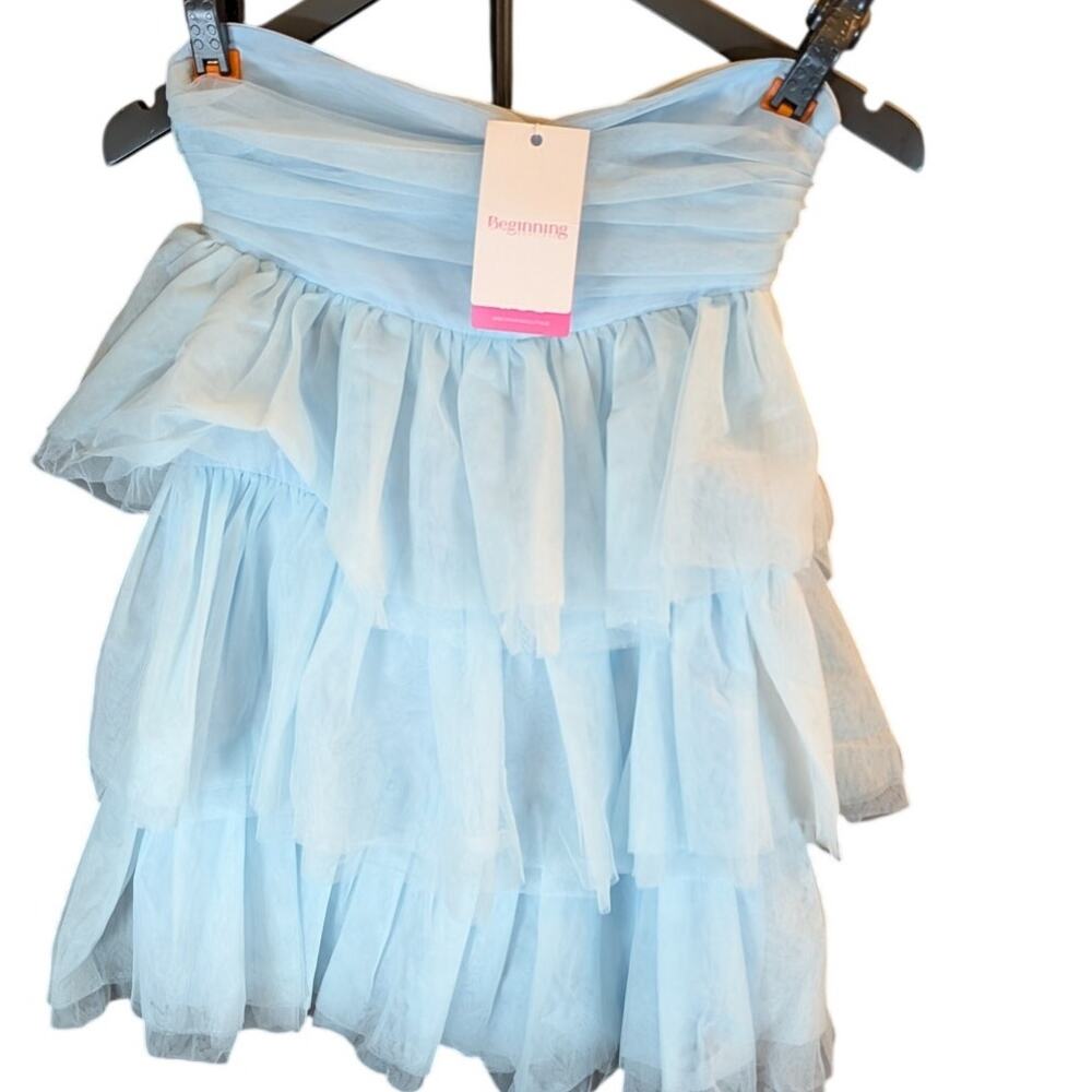 Beginning Boutique "Birthday" Blue Tulle Dress | Strapless Ruffled | Size US 4